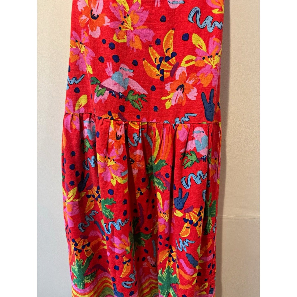 Vintage Red Bright Multicolor Tropical Tiered A-Line Cotton Midi Skirt Womens M